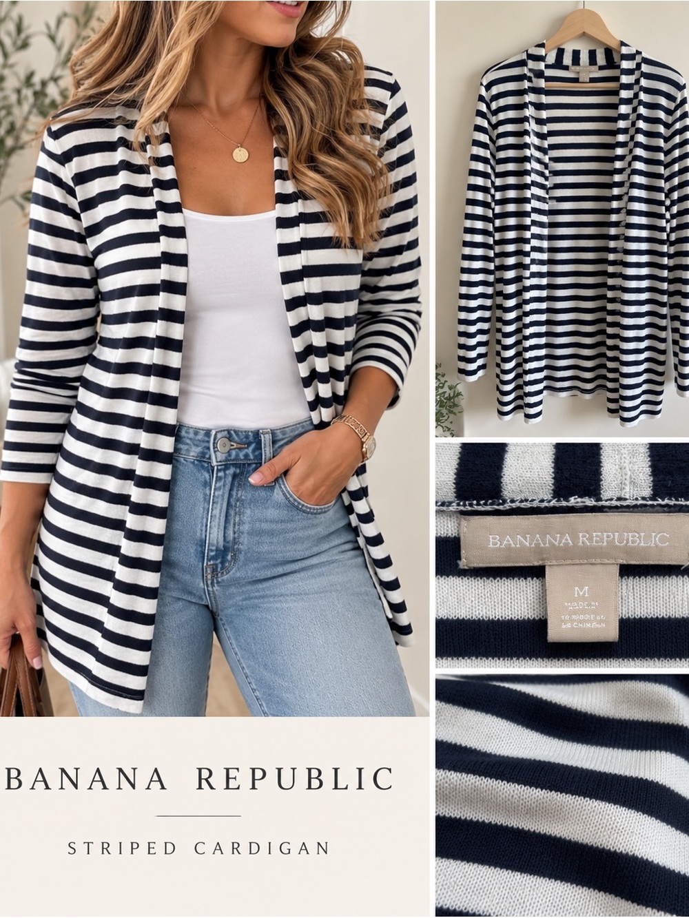 Banana Republic Navy White Striped Open Front Cardigan Size M